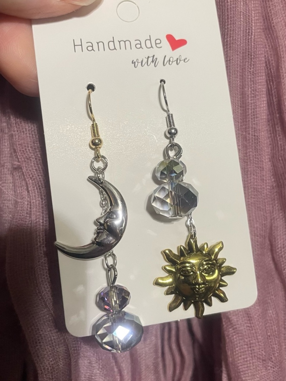 ❌❌SOLD❌❌Hand Crafted Gold Sun & Silver Moon Asymmetrical Dangle Earrings - Picture 7 of 7